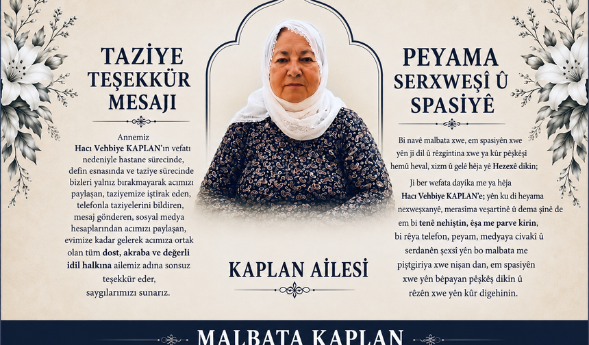 Kaplan Ailesinden Taziye Teşekkür Mesajı